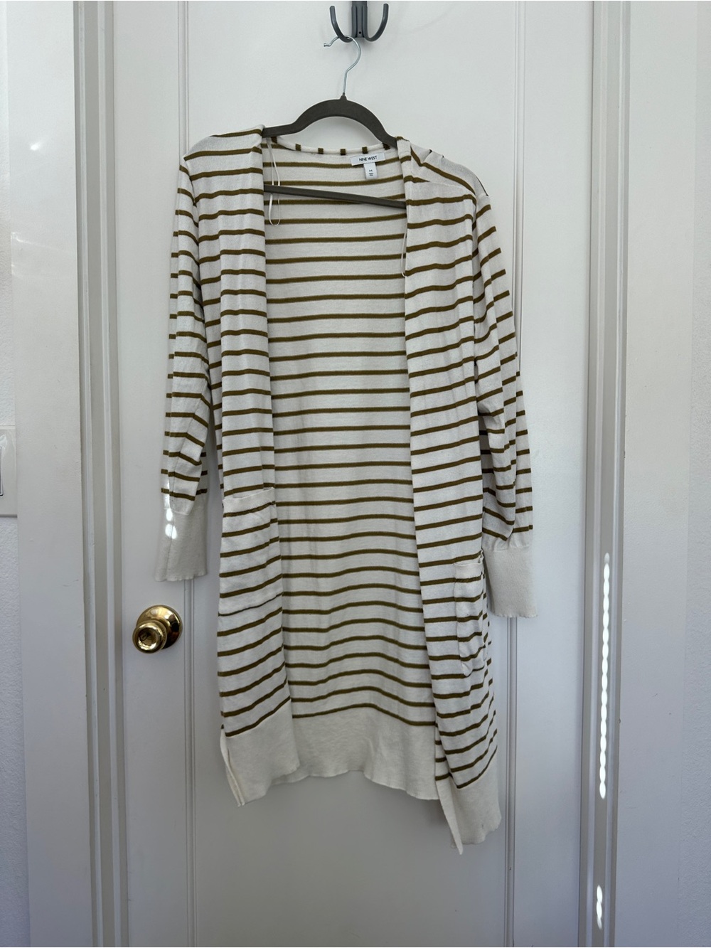 Nine West Cream & Olive Striped Open-Front Cardigan